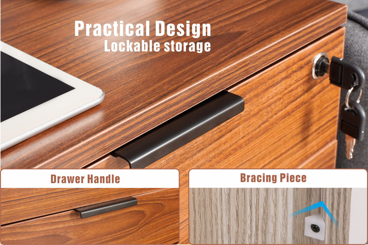 JJS 3 Drawer Rolling Wood File Cabinet with Locking Wheels
