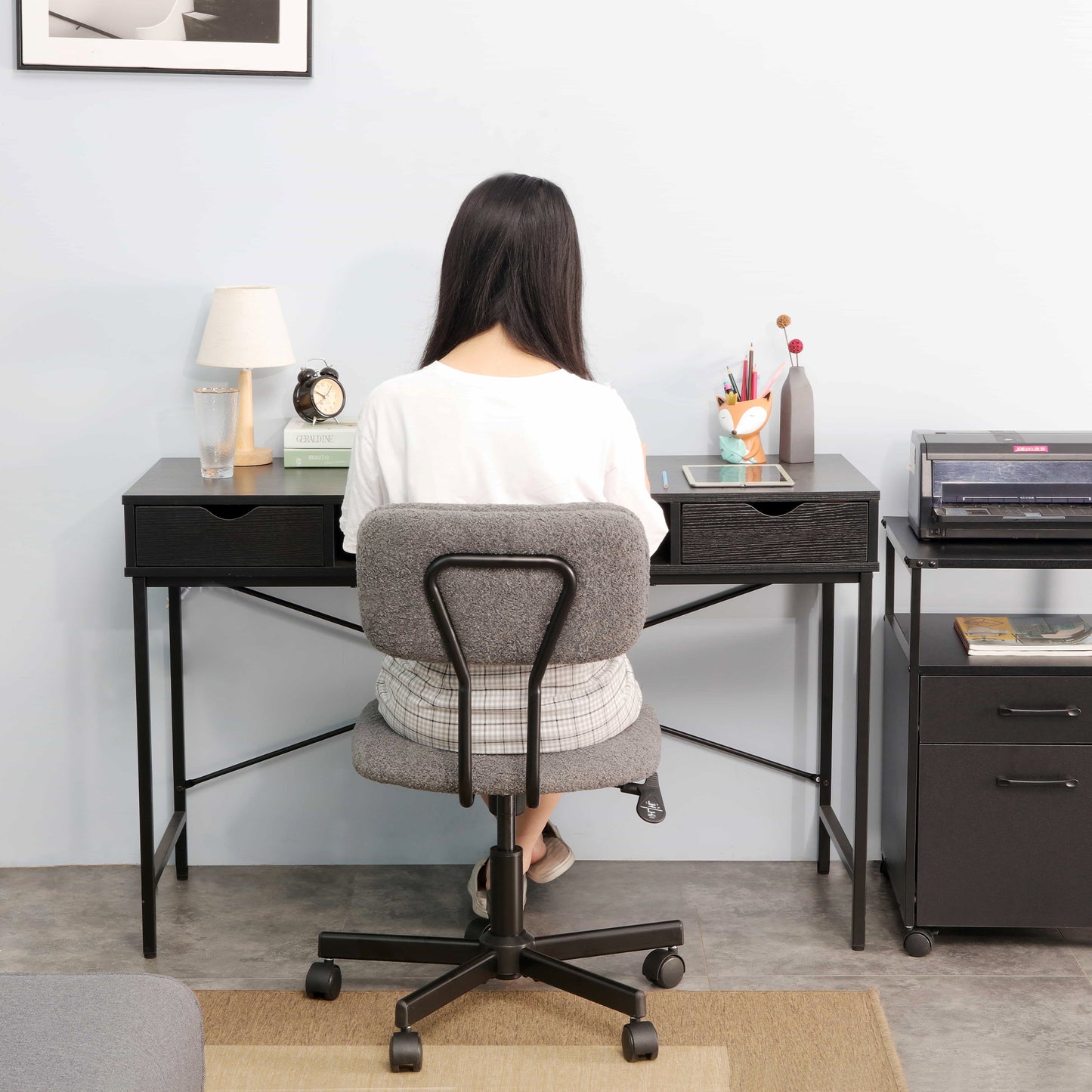 JJS Low Back Velvet Office Computer Chair with Armrest, Blue