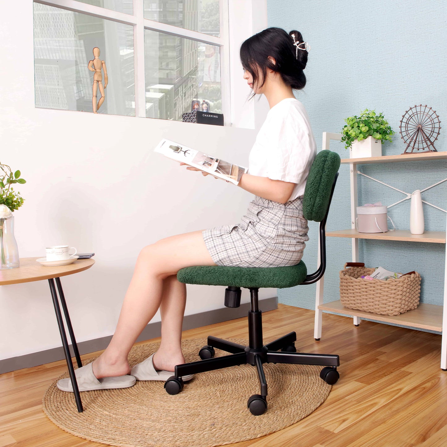 JJS Low Back Velvet Office Computer Chair with Armrest, Blue