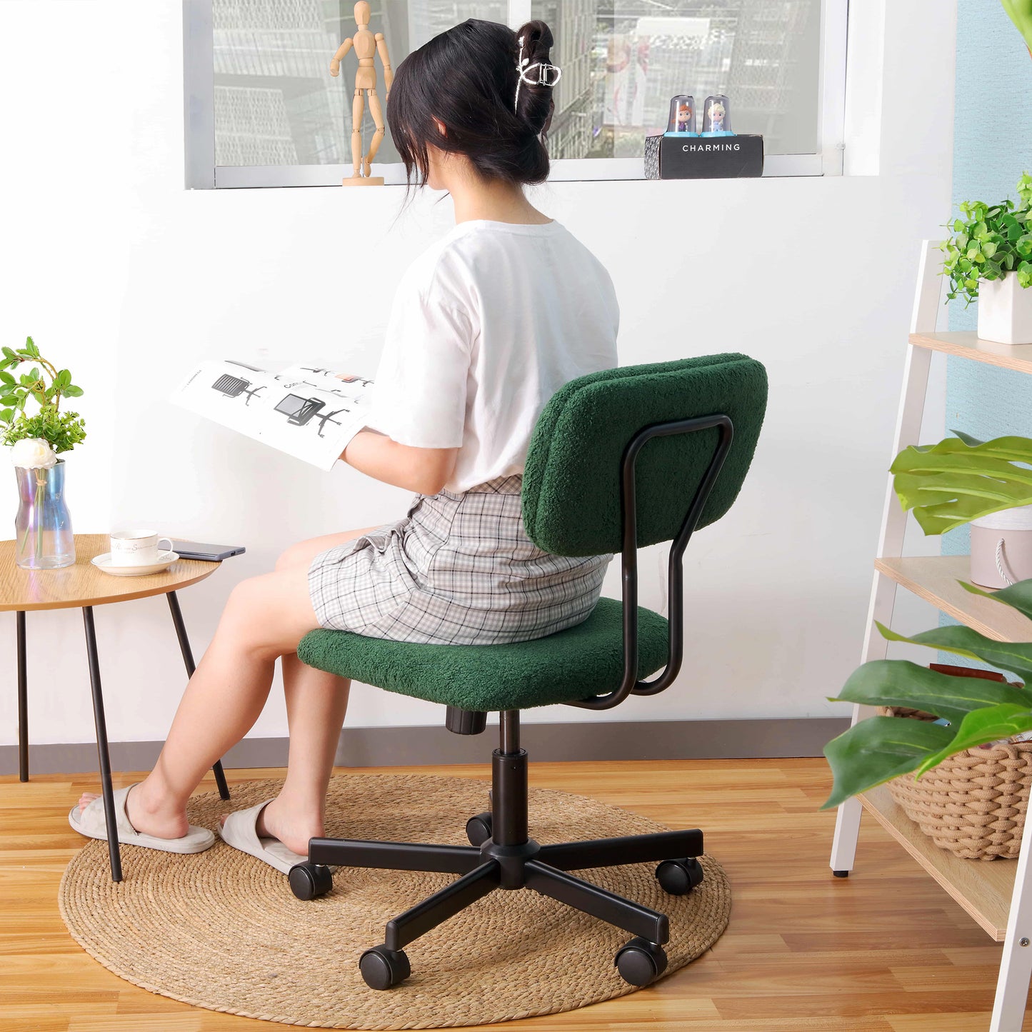 JJS Low Back Velvet Office Computer Chair with Armrest, Blue