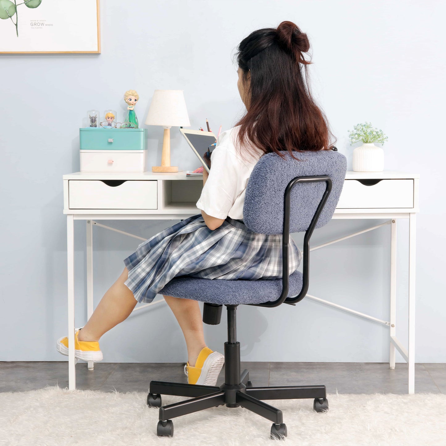 JJS Low Back Velvet Office Computer Chair with Armrest, Blue