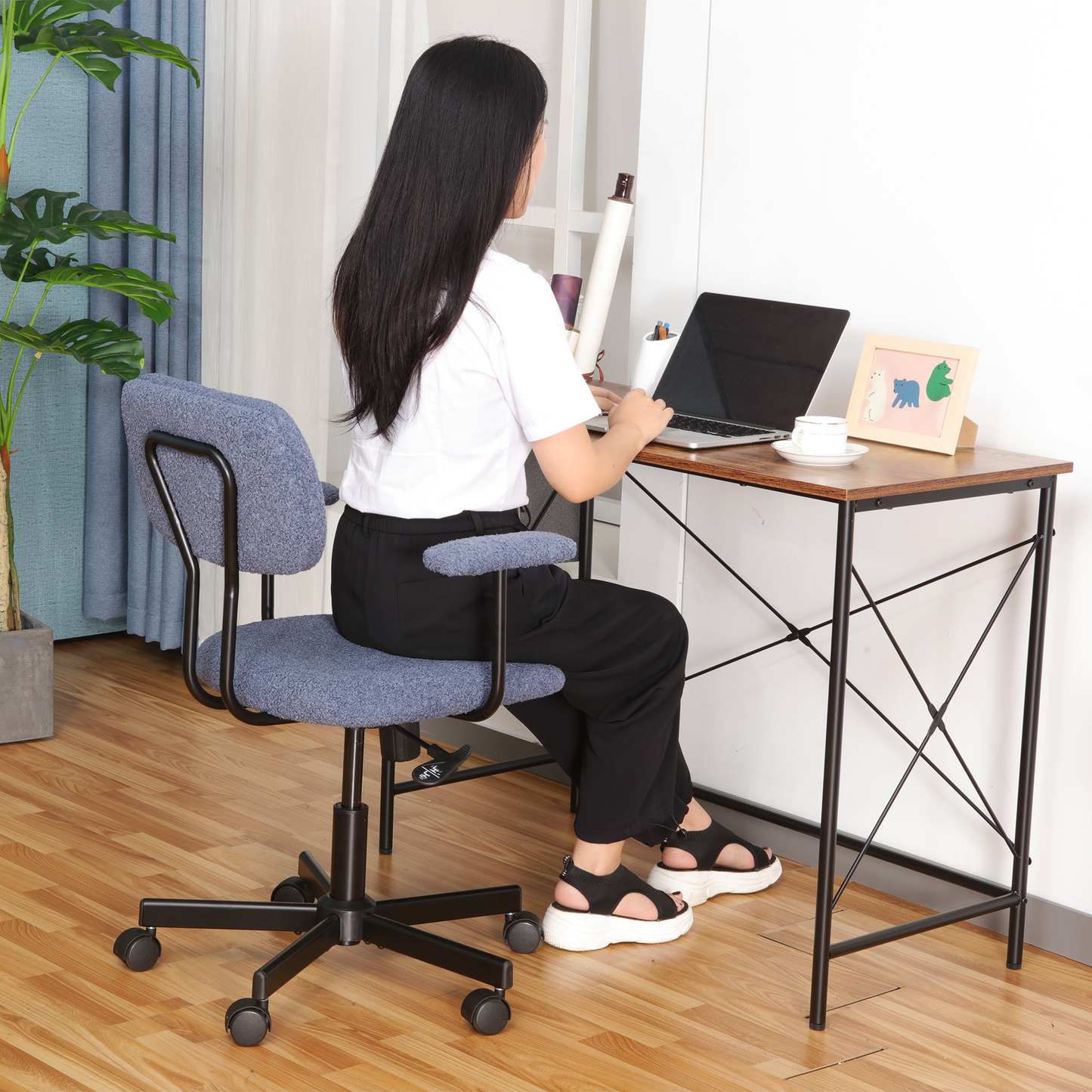 JJS Low Back Velvet Office Computer Chair with Armrest, Ergonomic Adjustable Swivel Small Home Office Desk Chair, Blue