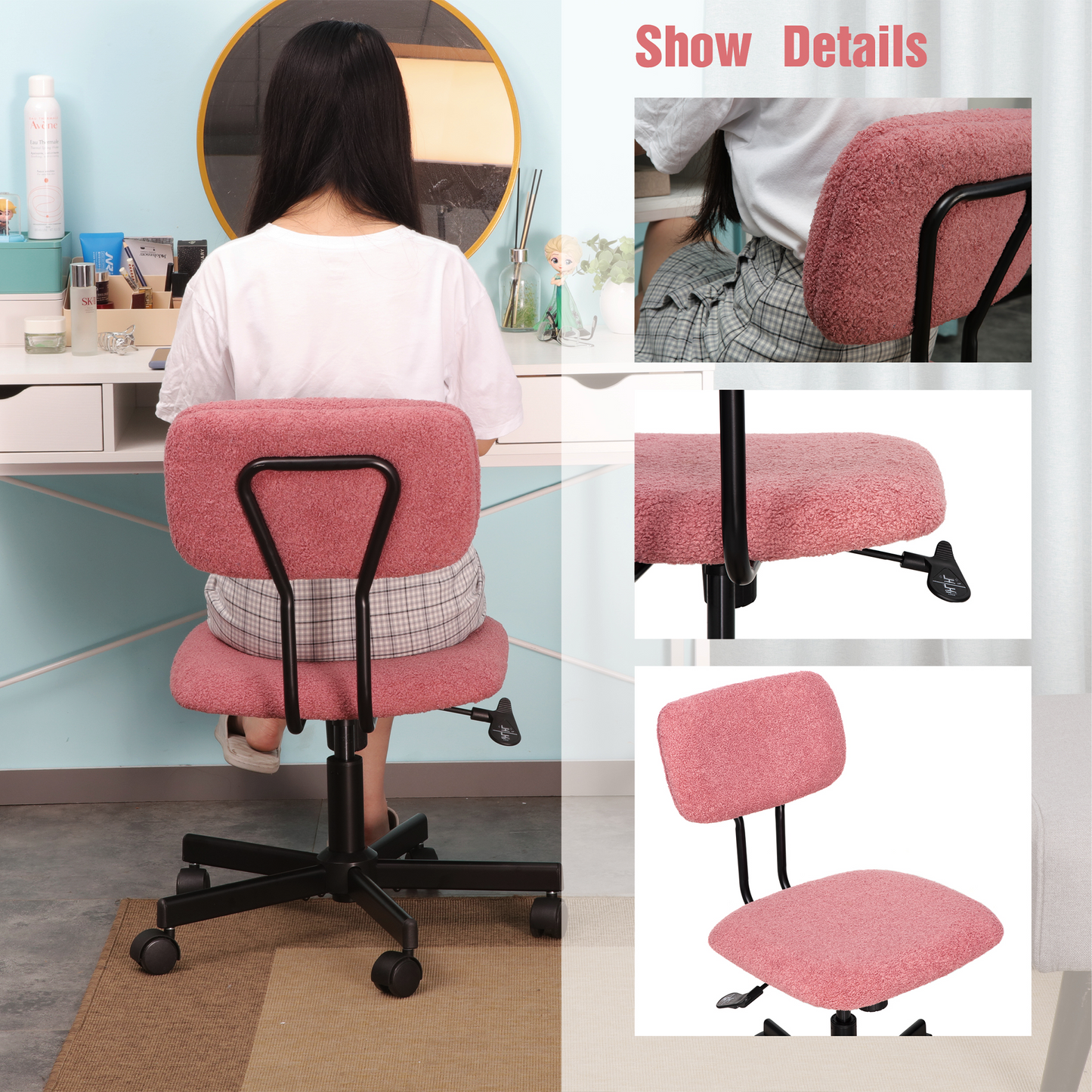 JJS Low Back Velvet Office Computer Chair with Armrest, Blue