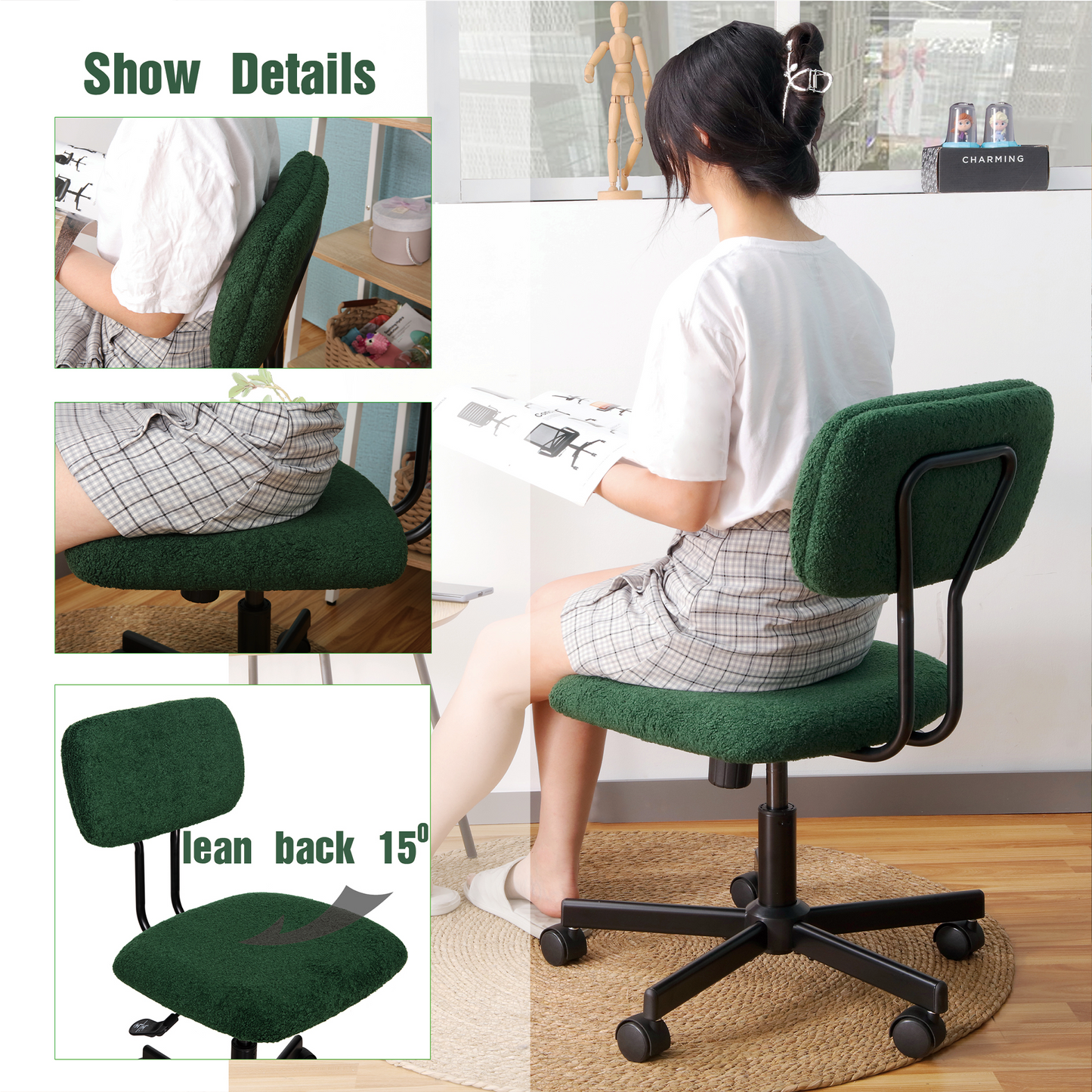 JJS Low Back Velvet Office Computer Chair with Armrest, Blue