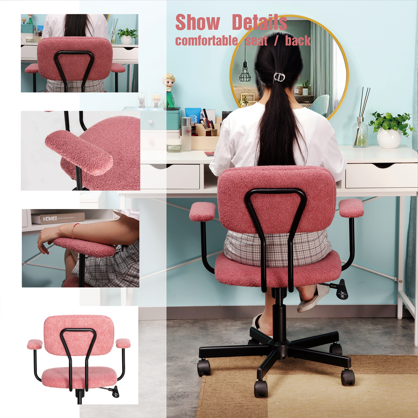 JJS Low Back Velvet Office Computer Chair with Armrest, Blue