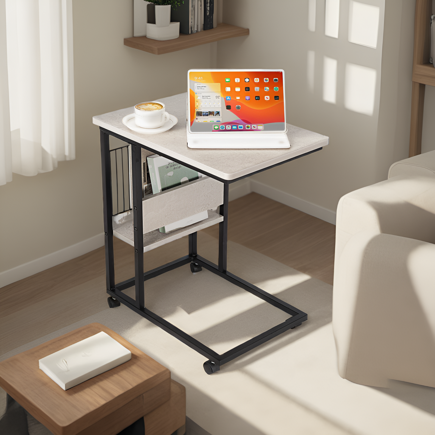 JJS Side End C Table with Magazine Holder for Sofa, Smoky Grey