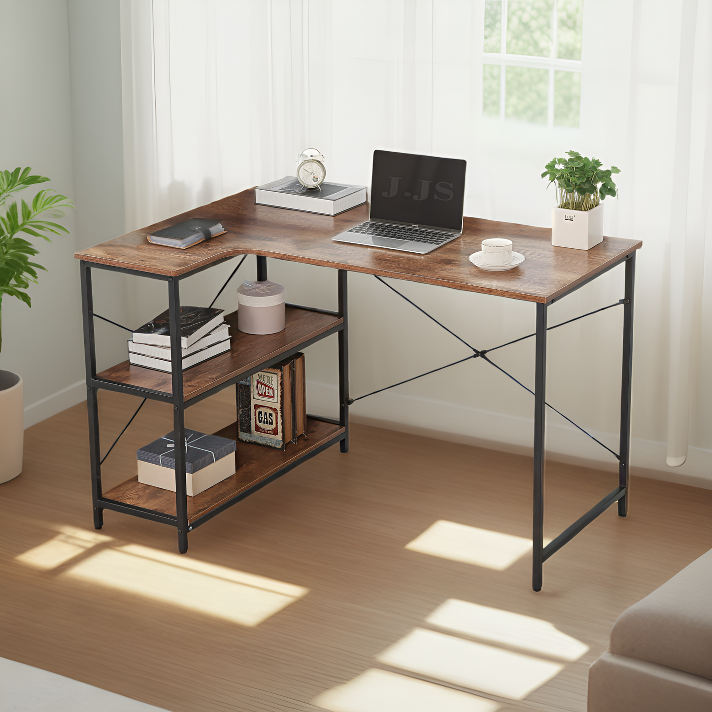 JJS L-Shaped Home Office Corner Writing Computer Desk with Build-in Bookcase, Antony Rustic Brown