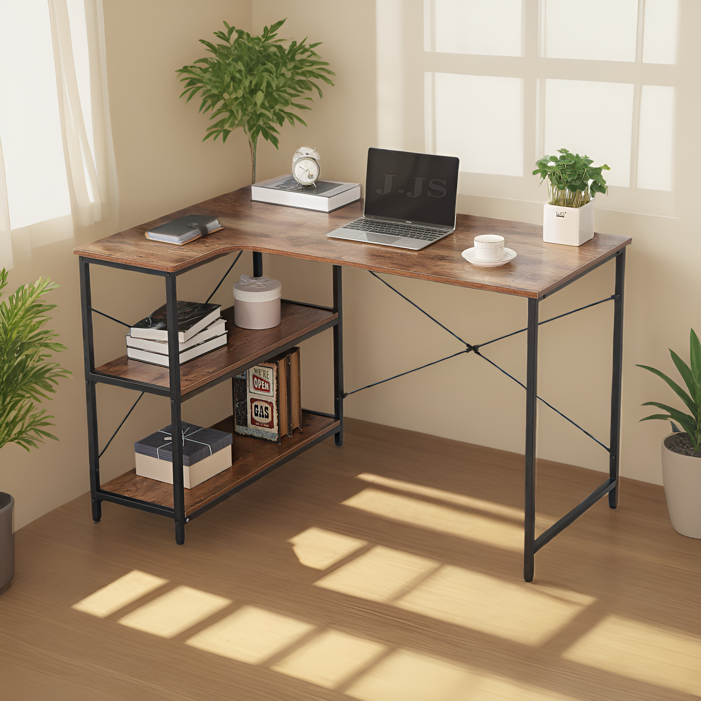 JJS L-Shaped Home Office Corner Writing Computer Desk with Build-in Bookcase, Antony Rustic Brown