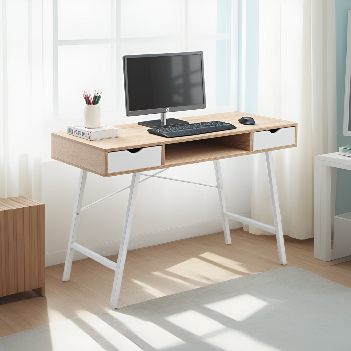 JJS Home Office Writing Desk with Drawers, Modern Computer Study Wooden Desk Table Laptop PC Workstation with Storage, Mid Century White Oak…