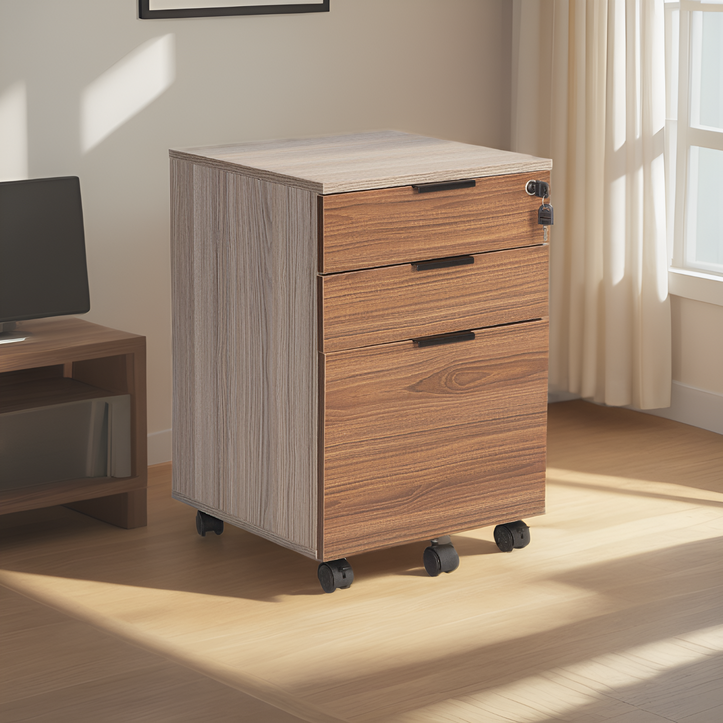 JJS 3 Drawer Rolling Wood File Cabinet with Locking Wheels