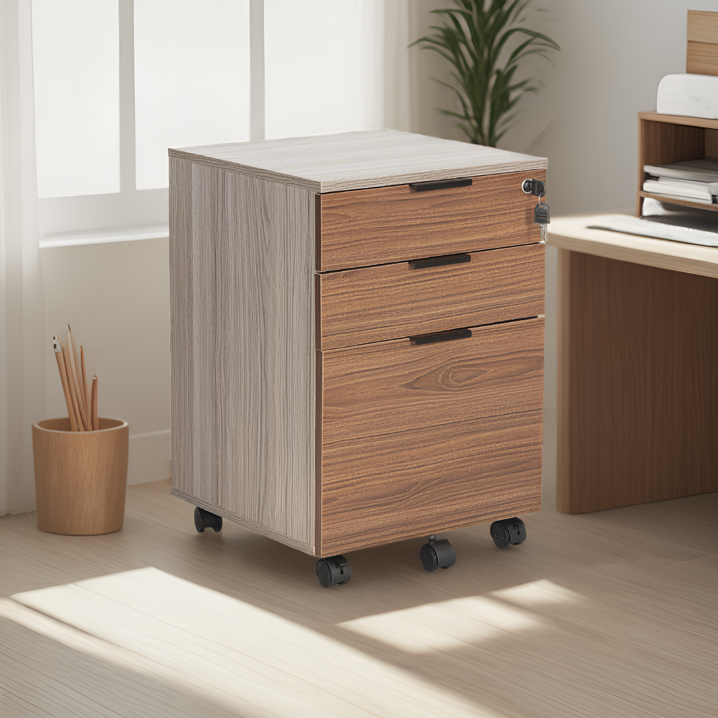 JJS 3 Drawer Rolling Wood File Cabinet with Locking Wheels