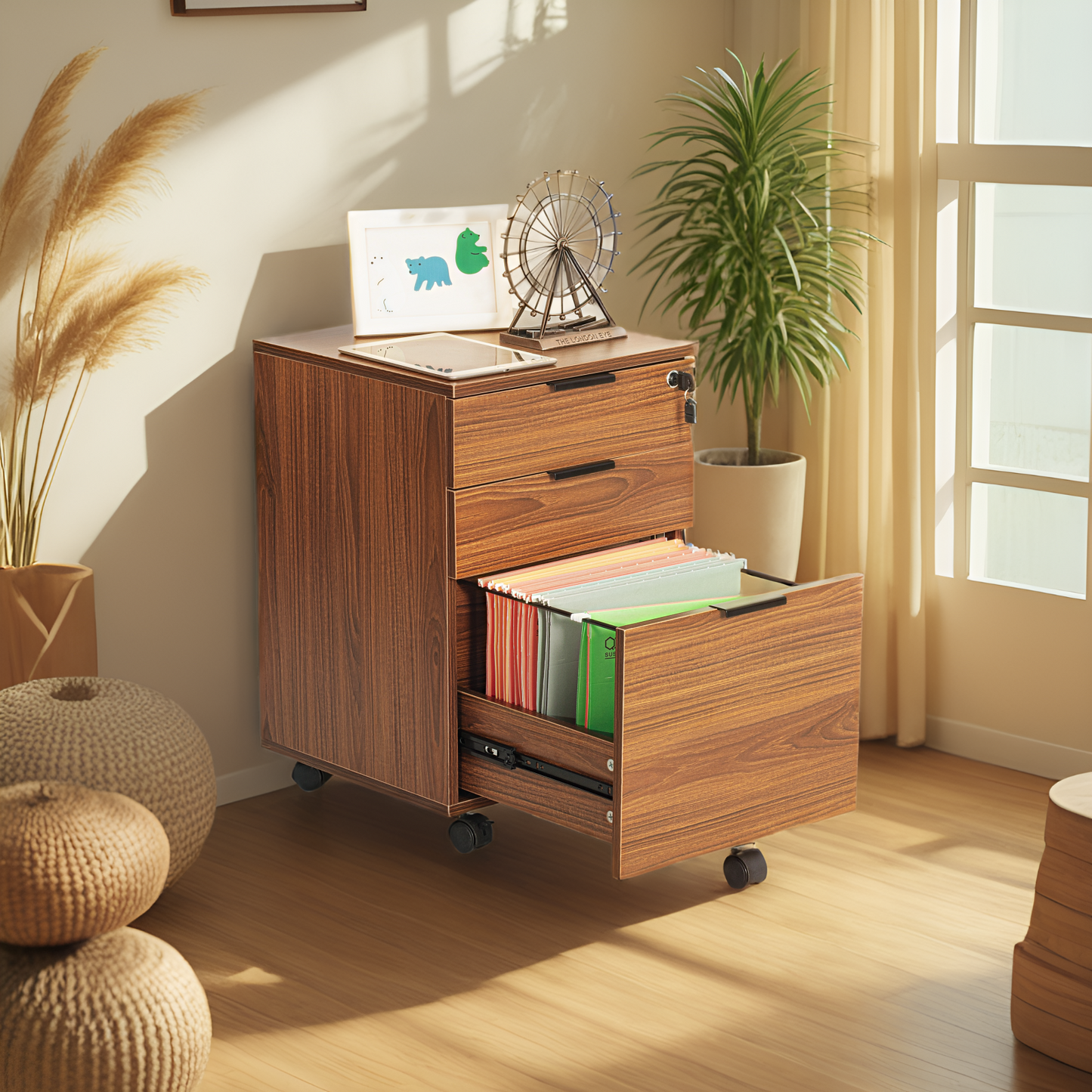 JJS 3 Drawer Rolling Wood File Cabinet with Locking Wheels