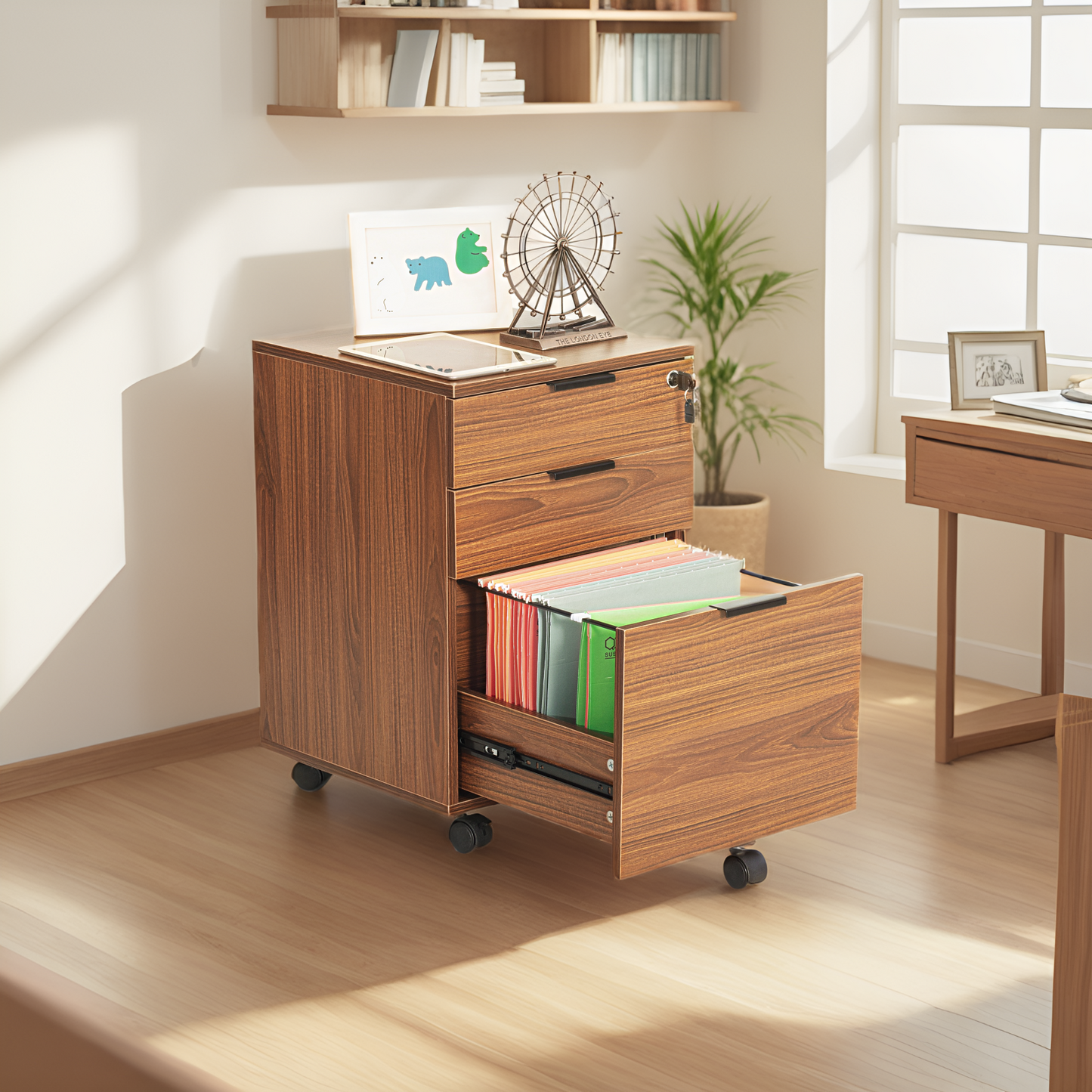 JJS 3 Drawer Rolling Wood File Cabinet with Locking Wheels