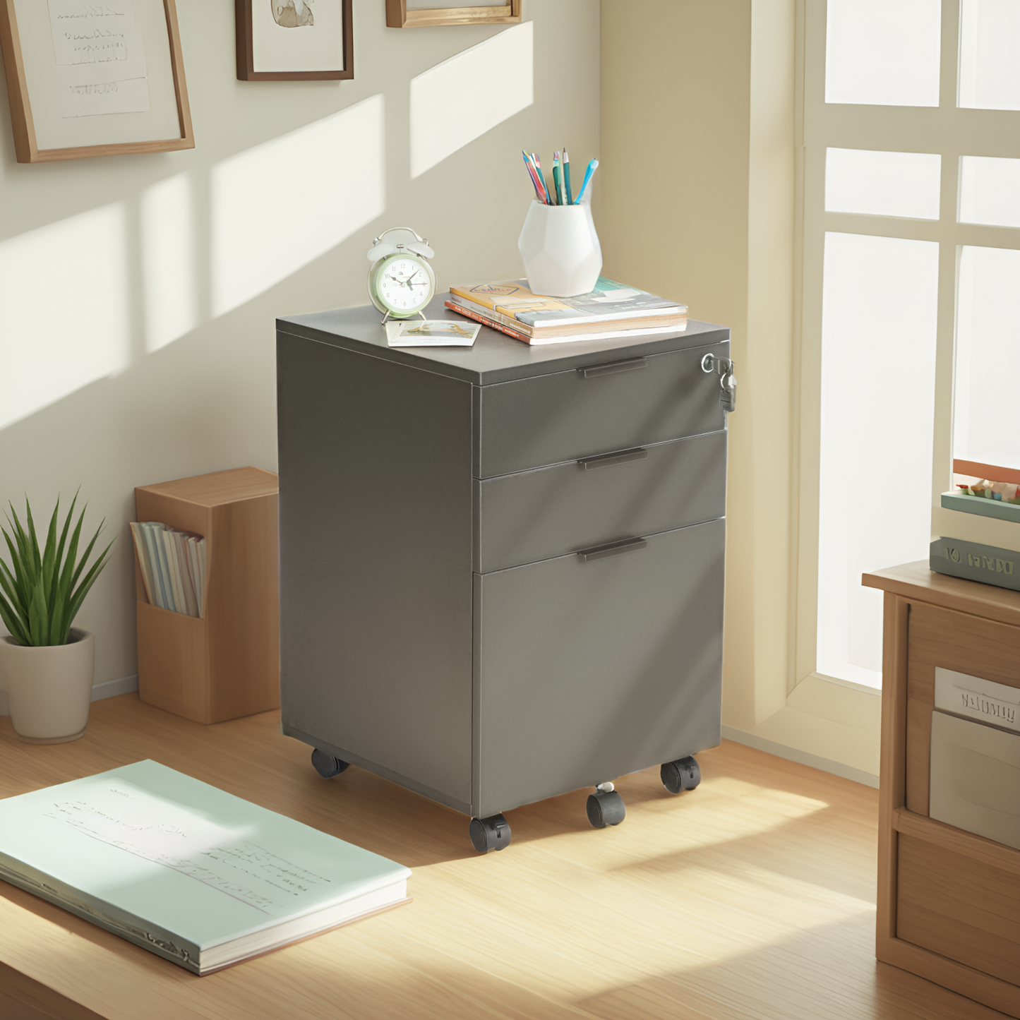 JJS 3 Drawer Rolling Wood File Cabinet with Locking Wheels