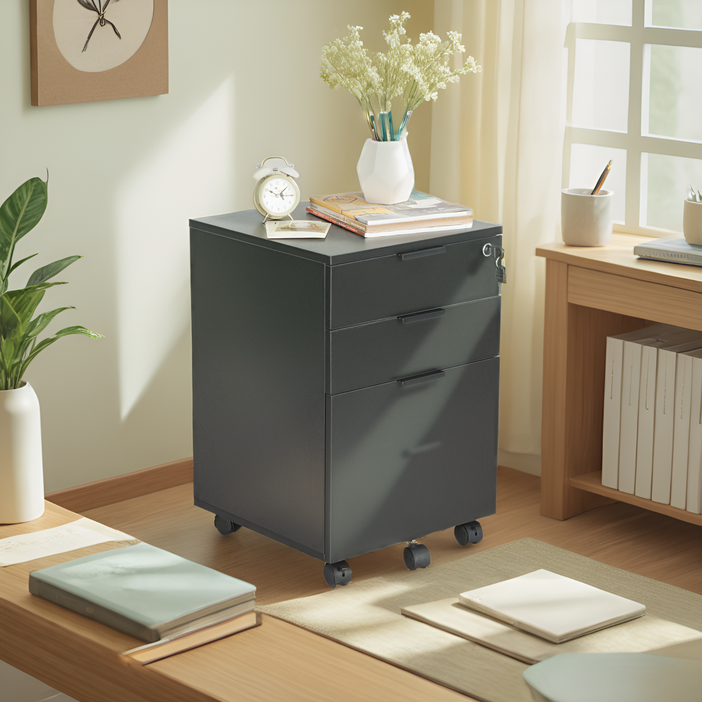 JJS 3 Drawer Rolling Wood File Cabinet with Locking Wheels