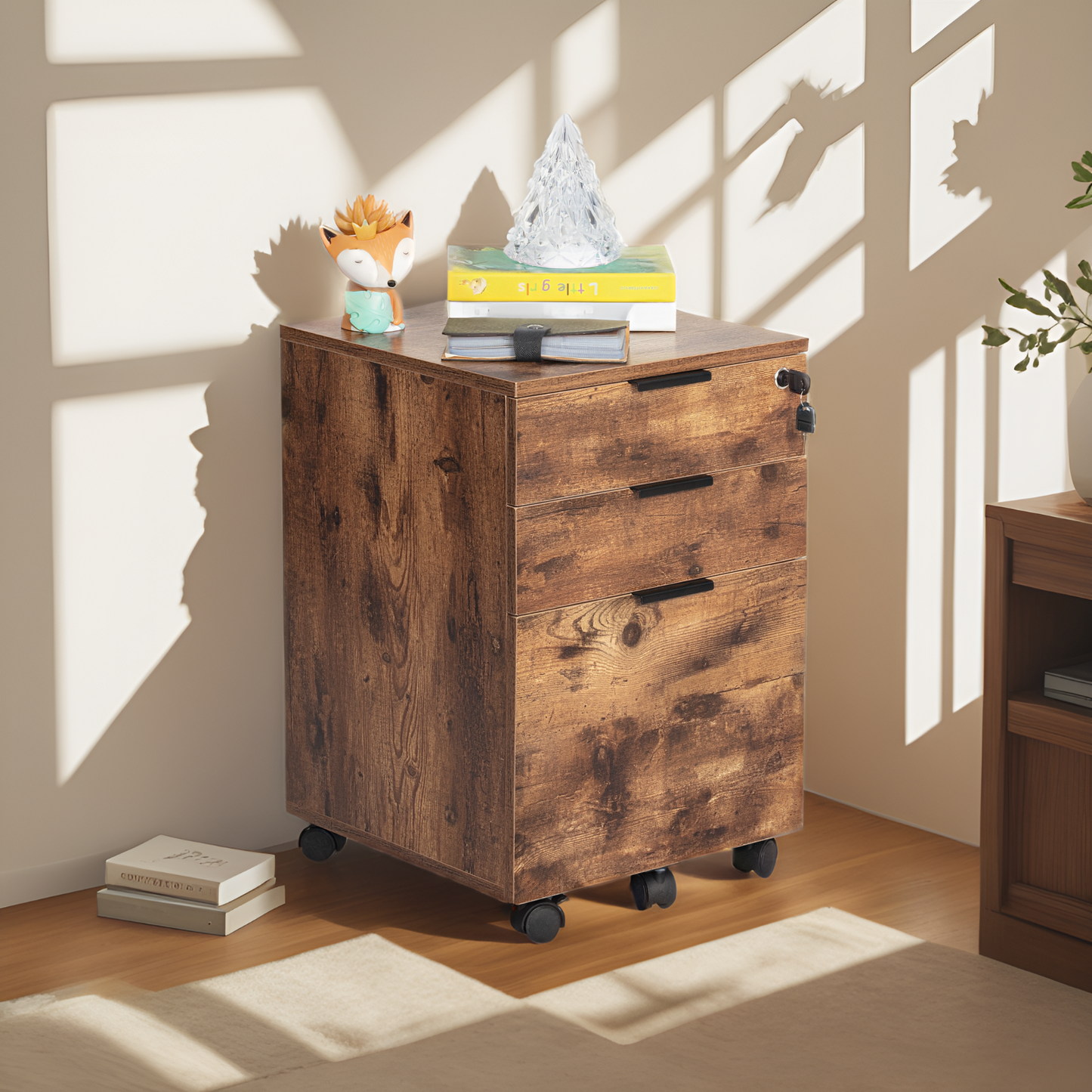 JJS 3 Drawer Rolling Wood File Cabinet with Locking Wheels