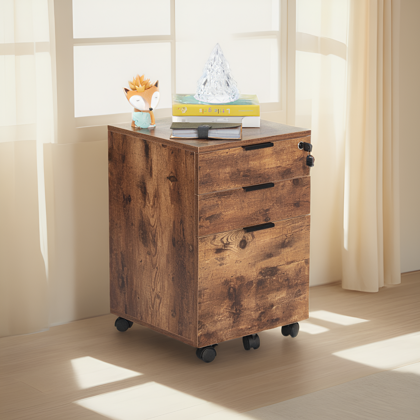 JJS 3 Drawer Rolling Wood File Cabinet with Locking Wheels