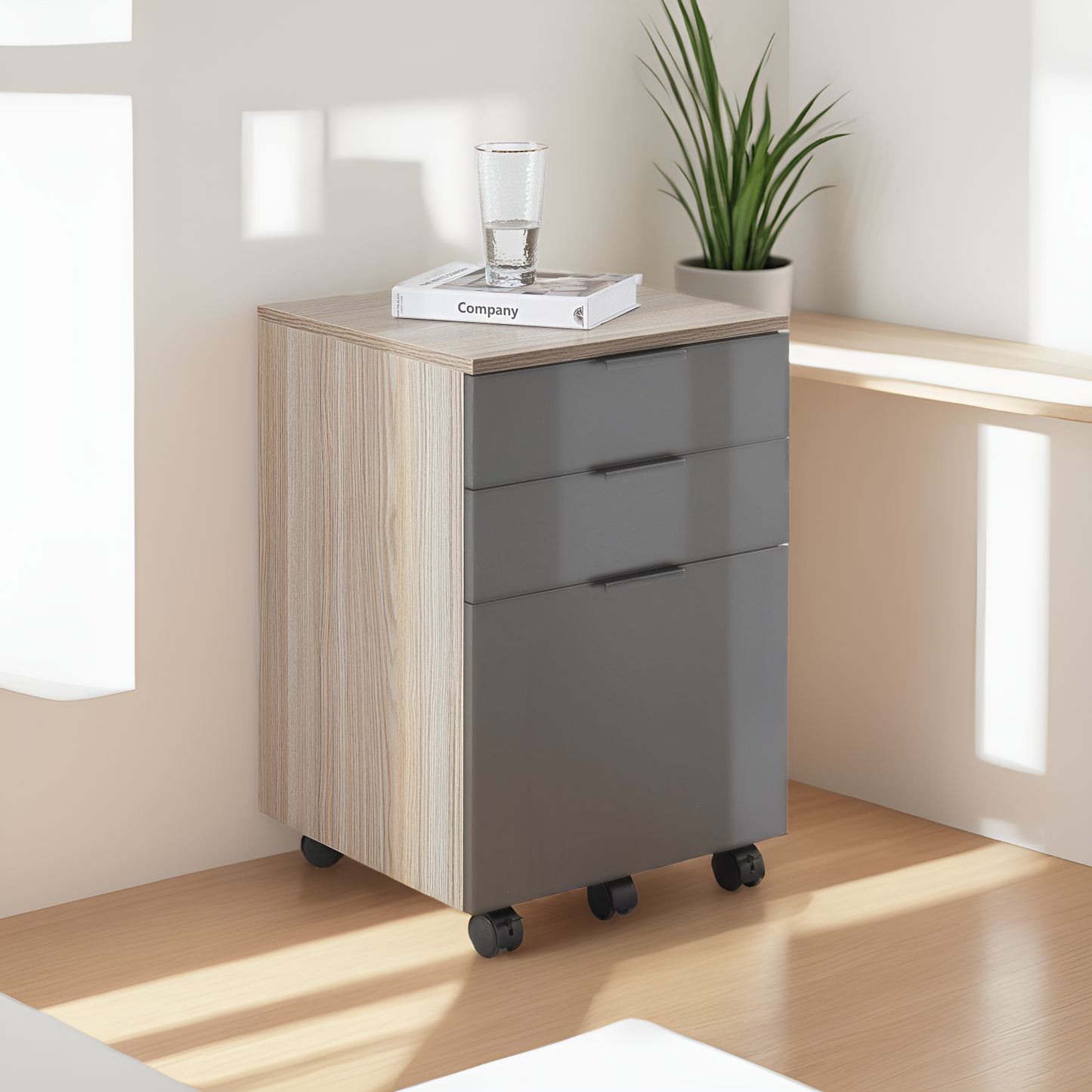 JJS 3 Drawer Rolling Wood File Cabinet with Locking Wheels