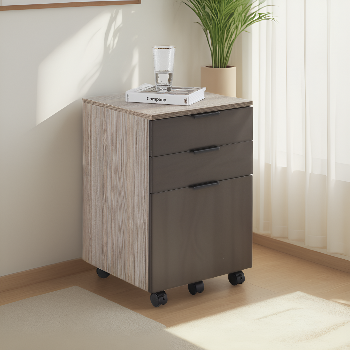 JJS 3 Drawer Rolling Wood File Cabinet with Locking Wheels