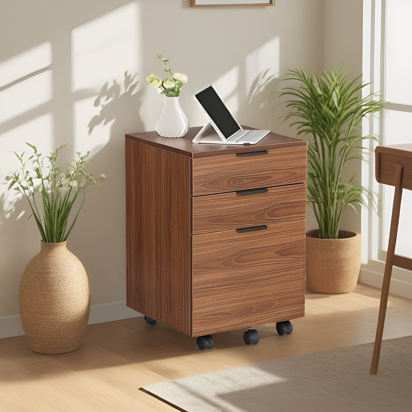 JJS 3 Drawer Rolling Wood File Cabinet with Locking Wheels