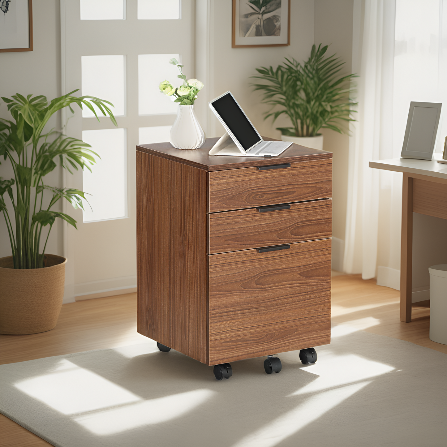 JJS 3 Drawer Rolling Wood File Cabinet with Locking Wheels