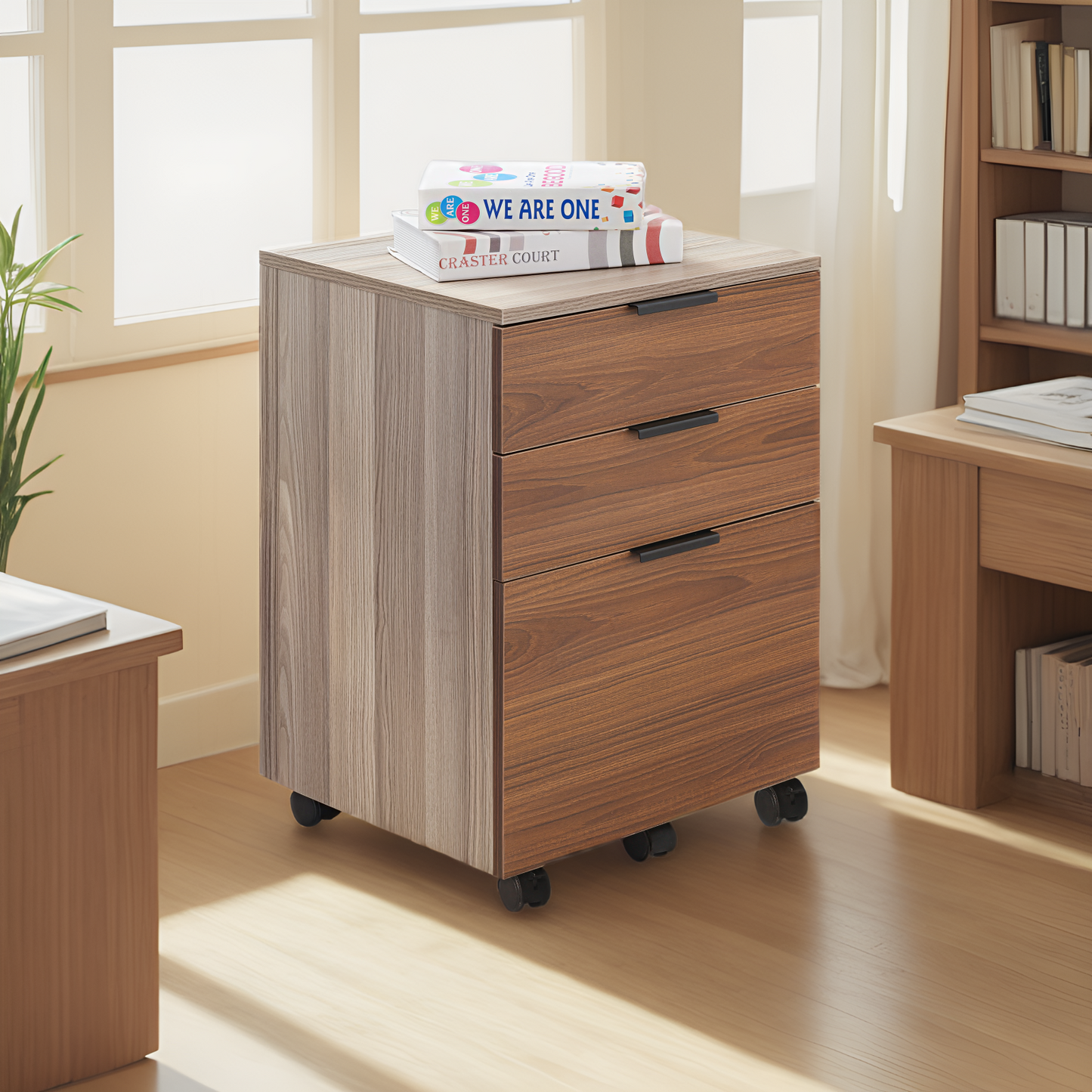 JJS 3 Drawer Rolling Wood File Cabinet with Locking Wheels
