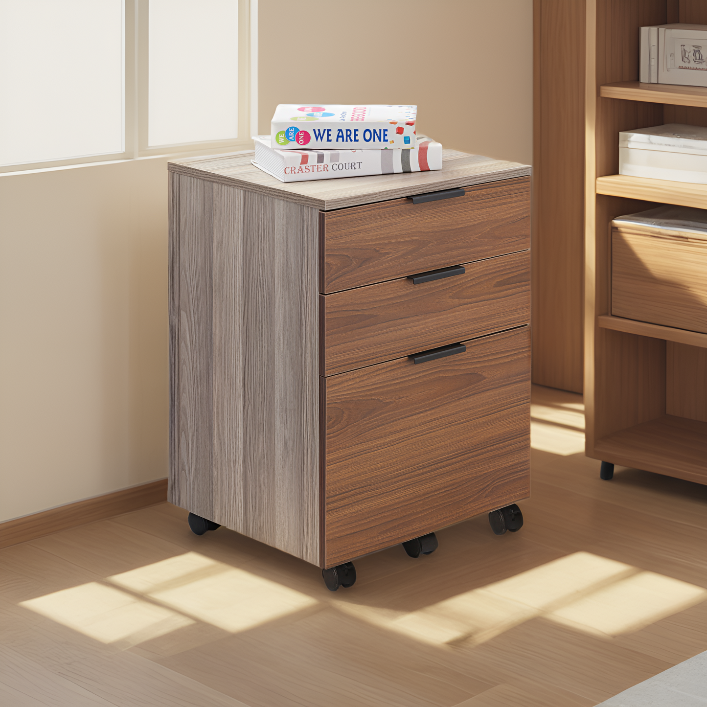 JJS 3 Drawer Rolling Wood File Cabinet with Locking Wheels