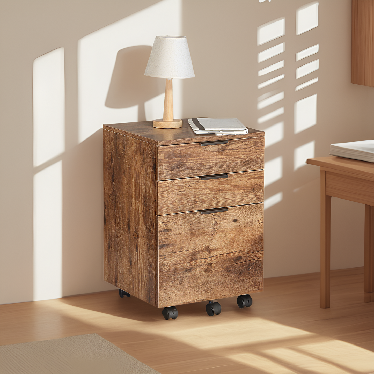 JJS 3 Drawer Rolling Wood File Cabinet with Locking Wheels