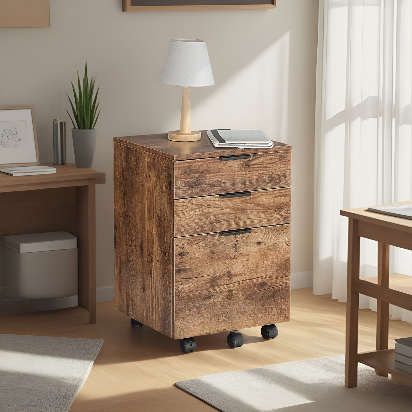 JJS 3 Drawer Rolling Wood File Cabinet with Locking Wheels