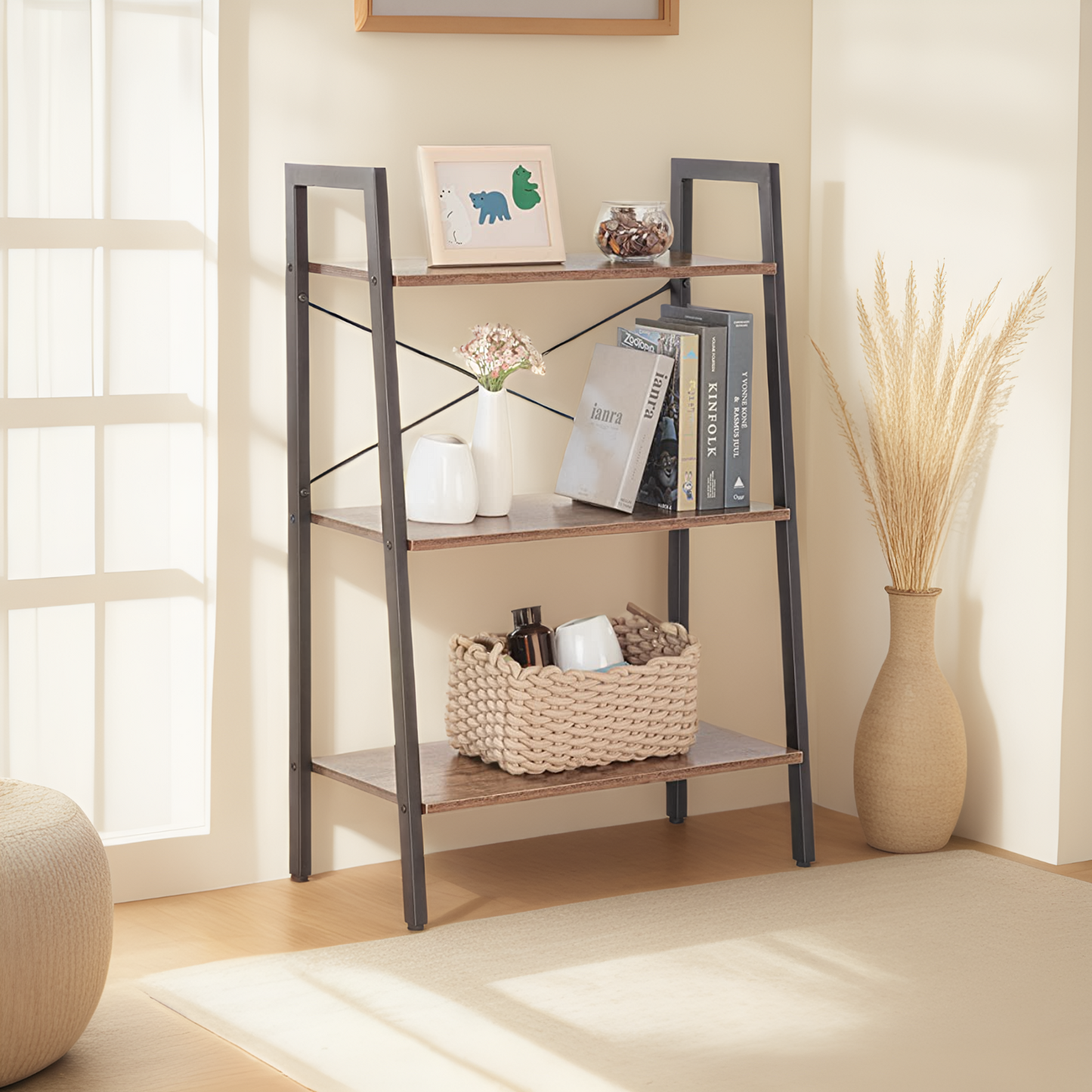 JJS Industrial 4-Tier Bookshelf, Freestanding Rustic Display Bookcase Storage Rack Shelf Plant Stand for Living Room Home Office, Brown