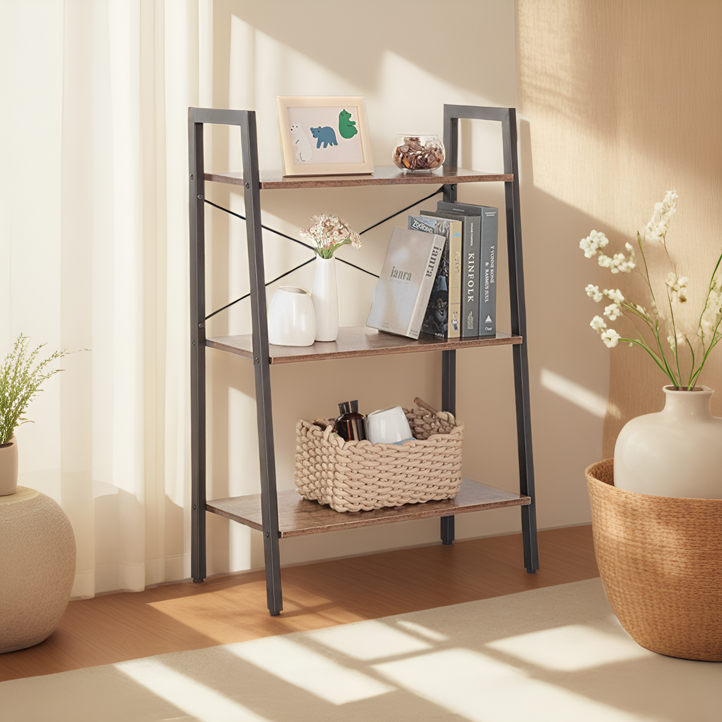 JJS Industrial 4-Tier Bookshelf, Freestanding Rustic Display Bookcase Storage Rack Shelf Plant Stand for Living Room Home Office, Brown