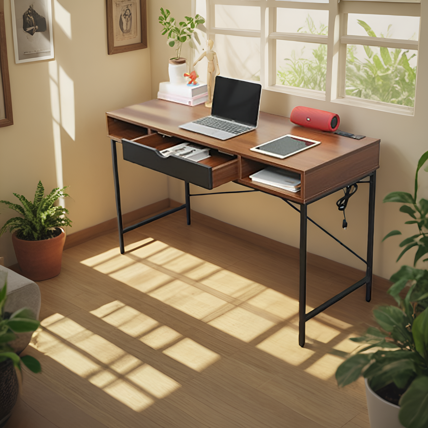 JJS 48' Writing Desk with Power Outlet, Home Office Contemporary Large Computer Desk Laptop Workstation with Drawer USB Ports Charging Station, Brown/Black