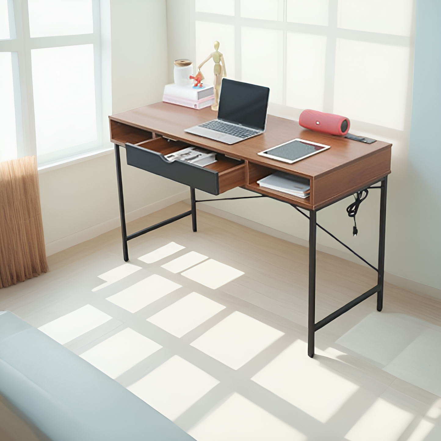 JJS 48' Writing Desk with Power Outlet, Home Office Contemporary Large Computer Desk Laptop Workstation with Drawer USB Ports Charging Station, Brown/Black