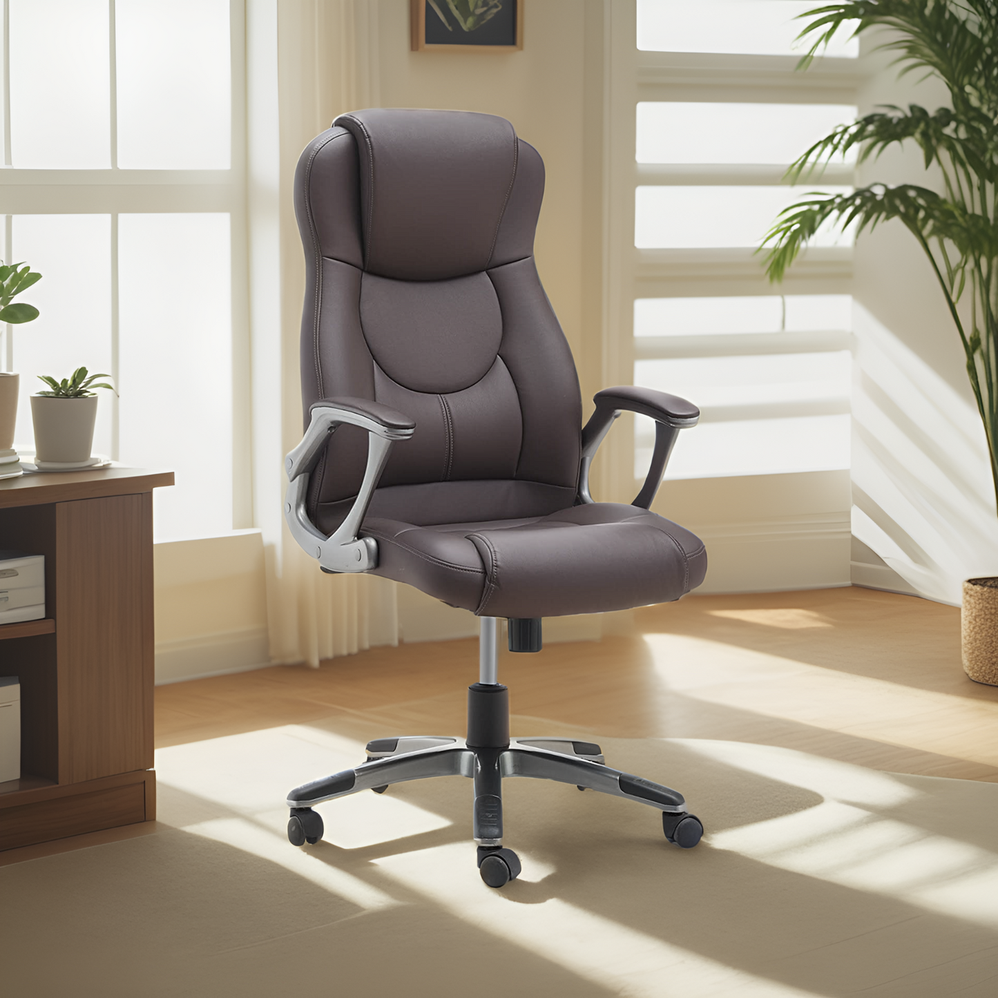 JJS High Back Swivel Executive Office Chair, Ergonomic Adjustable Home Computer Padded Leather Desk Chair with Wheels and arms Rest Back Lumbar Support, Coffee