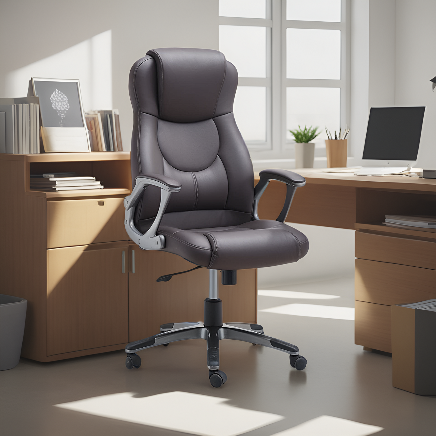 JJS High Back Swivel Executive Office Chair, Ergonomic Adjustable Home Computer Padded Leather Desk Chair with Wheels and arms Rest Back Lumbar Support, Coffee