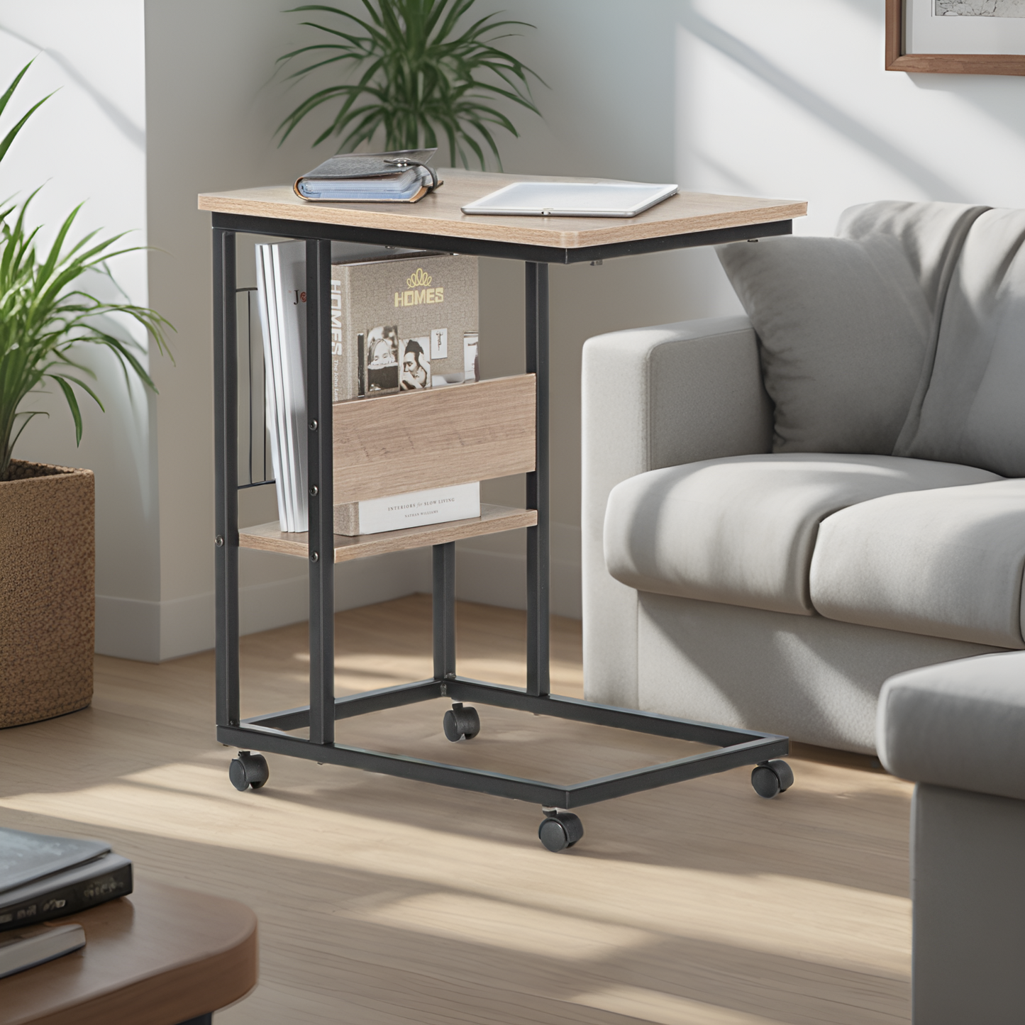 JJS Side End C Table with Magazine Holder for Sofa, Smoky Grey