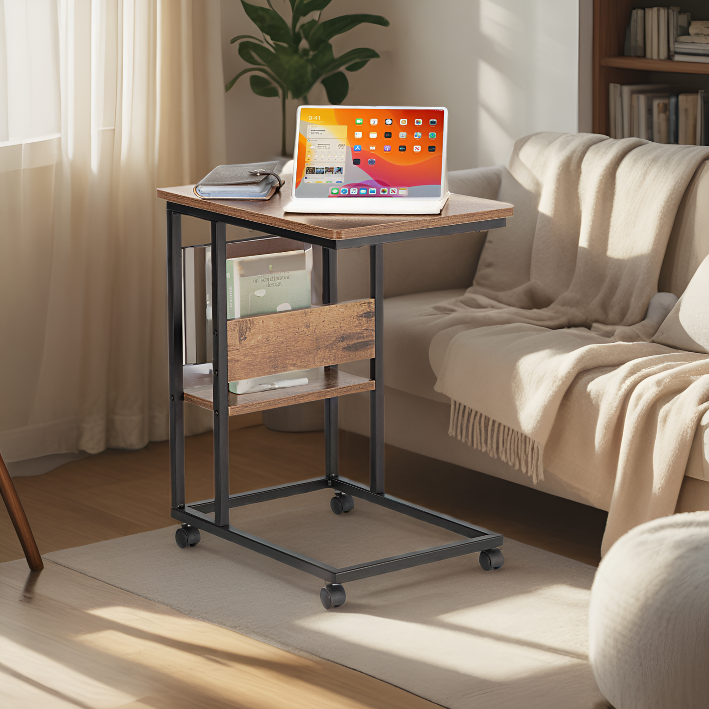 JJS Side End C Table with Magazine Holder for Sofa, Smoky Grey
