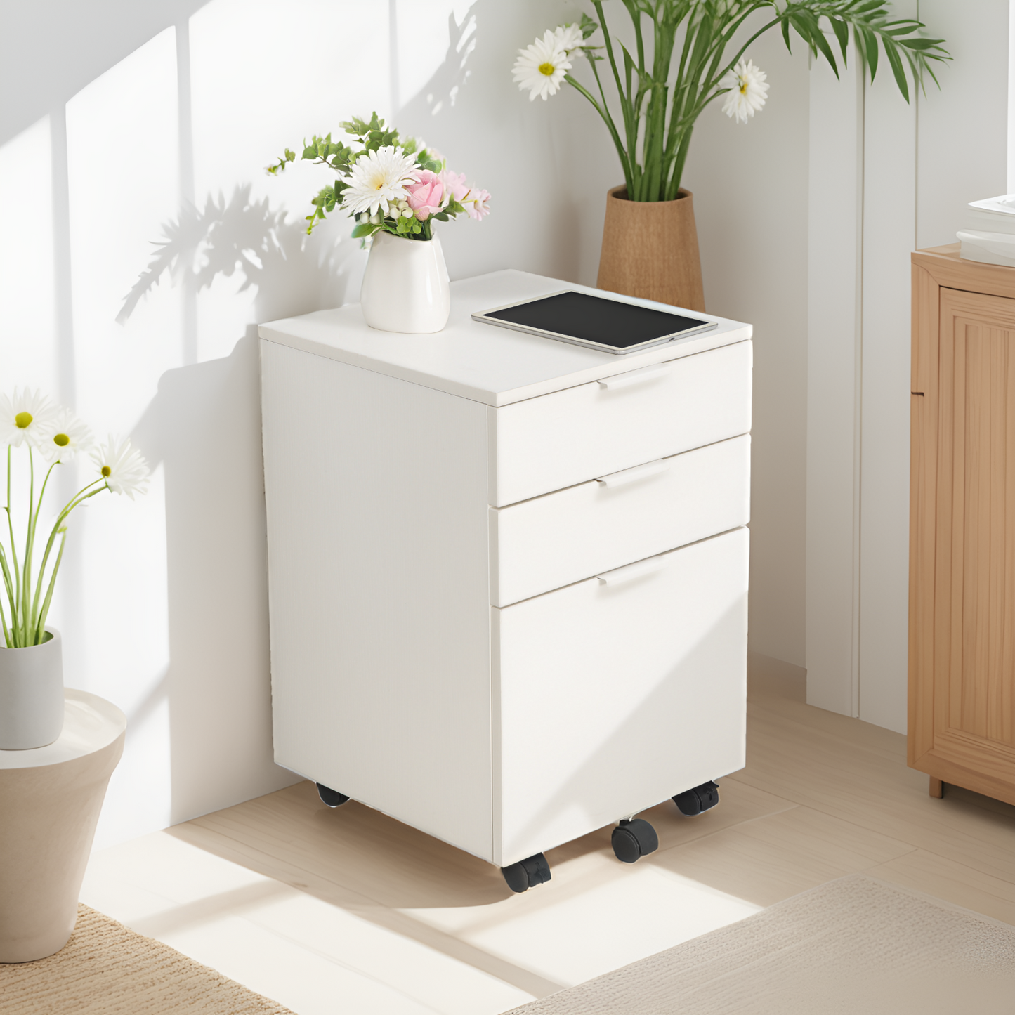 JJS 3 Drawer Rolling Wood File Cabinet with Locking Wheels