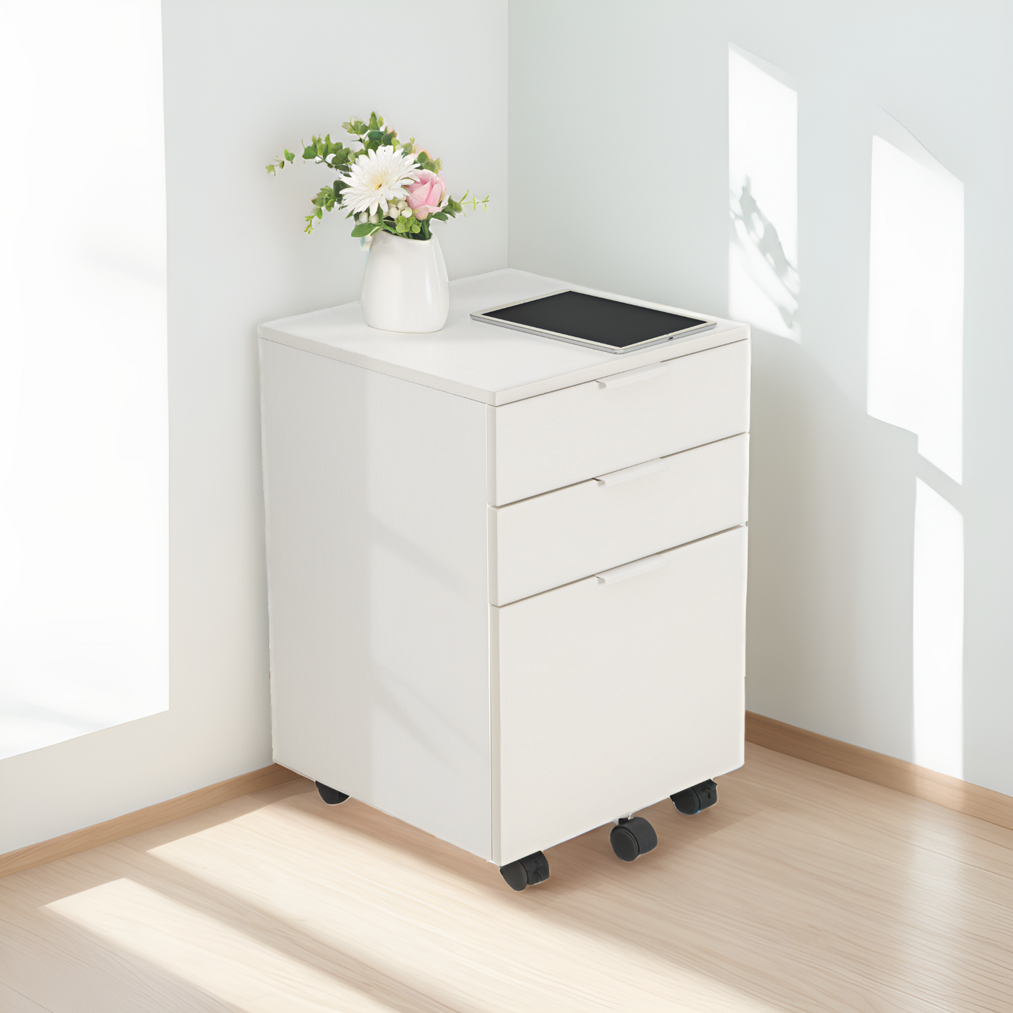 JJS 3 Drawer Rolling Wood File Cabinet with Locking Wheels