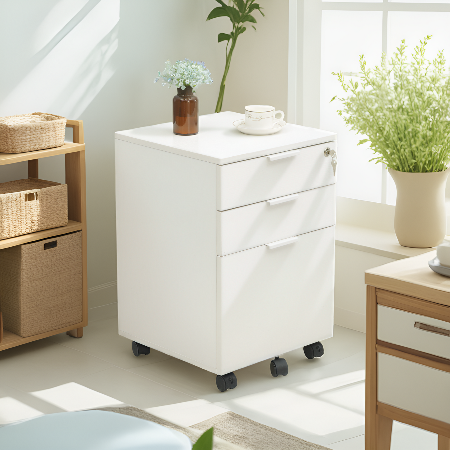 JJS 3 Drawer Rolling Wood File Cabinet with Locking Wheels