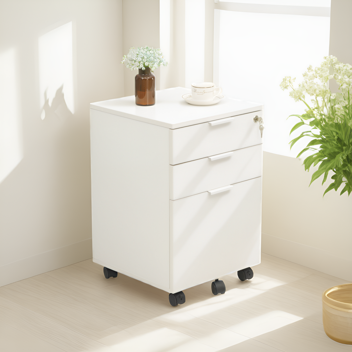 JJS 3 Drawer Rolling Wood File Cabinet with Locking Wheels