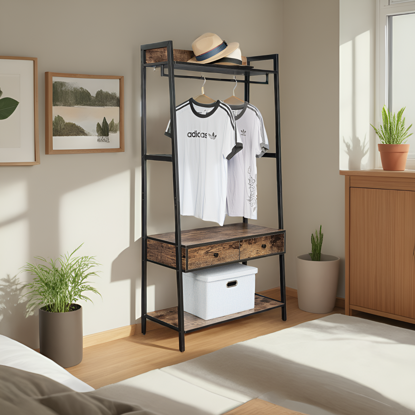 JJ's 33" Entryway Coat Rack, Industrial Rustic Hall Tree Shoe Bench with Storage Drawers and Shelf for Hallway, Wood Look Accent Furniture with Metal Frame, Rustic Brown