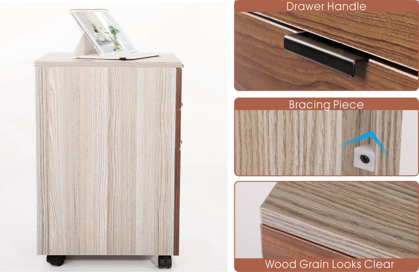 JJS 3 Drawer Rolling Wood File Cabinet with Locking Wheels