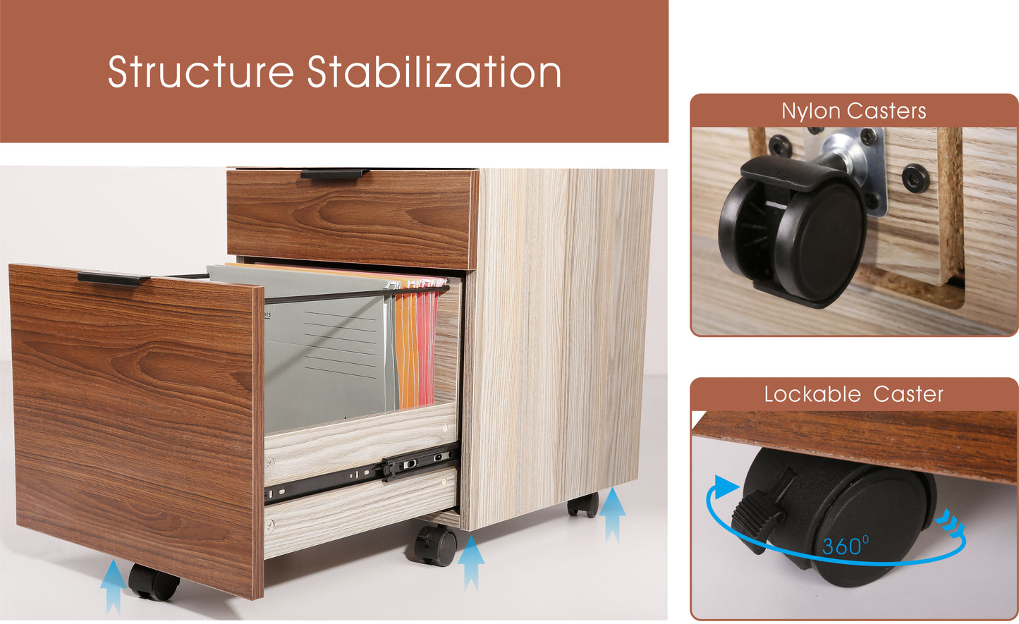 JJS 3 Drawer Rolling Wood File Cabinet with Locking Wheels