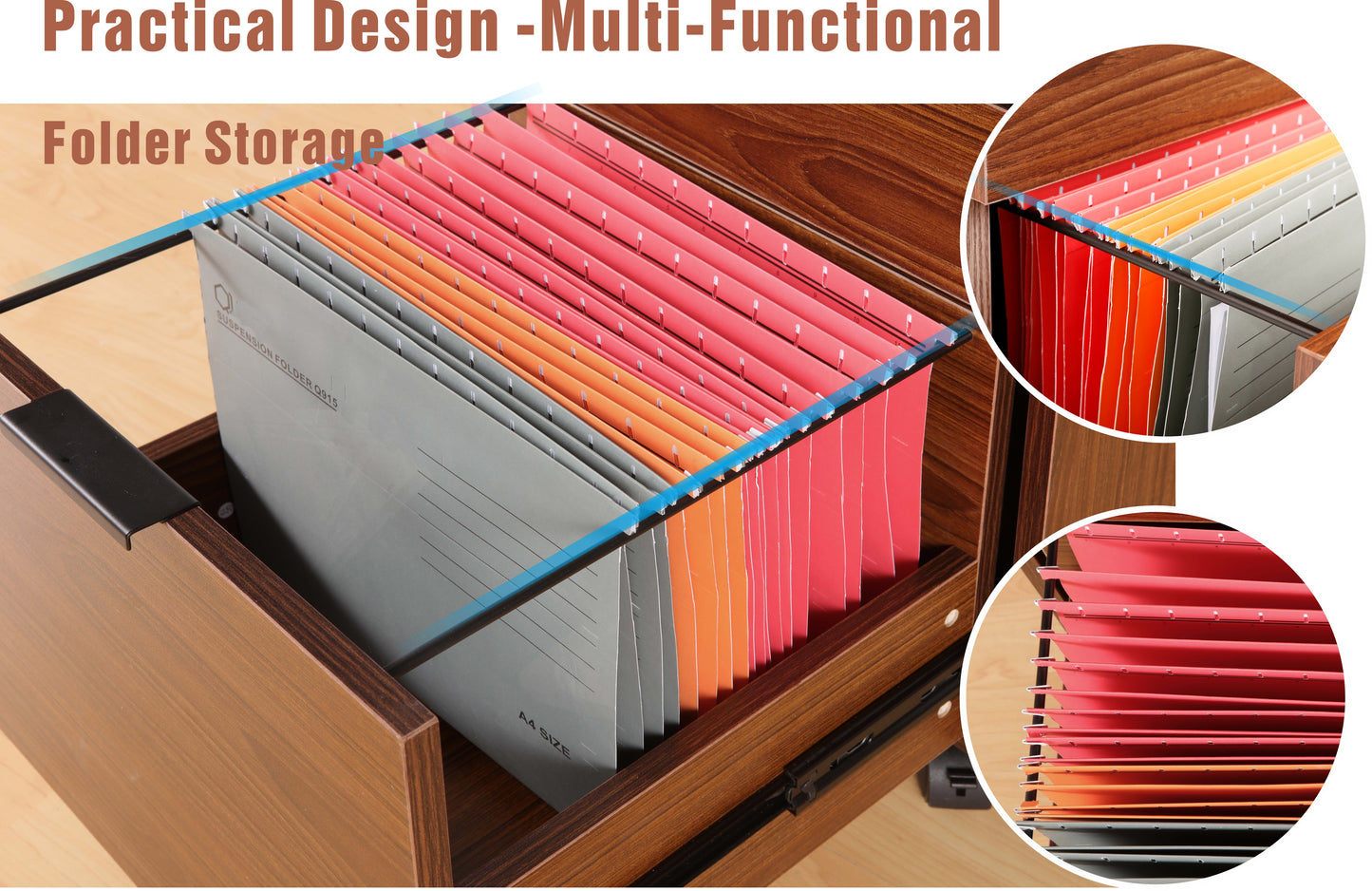 JJS 3 Drawer Rolling Wood File Cabinet with Locking Wheels