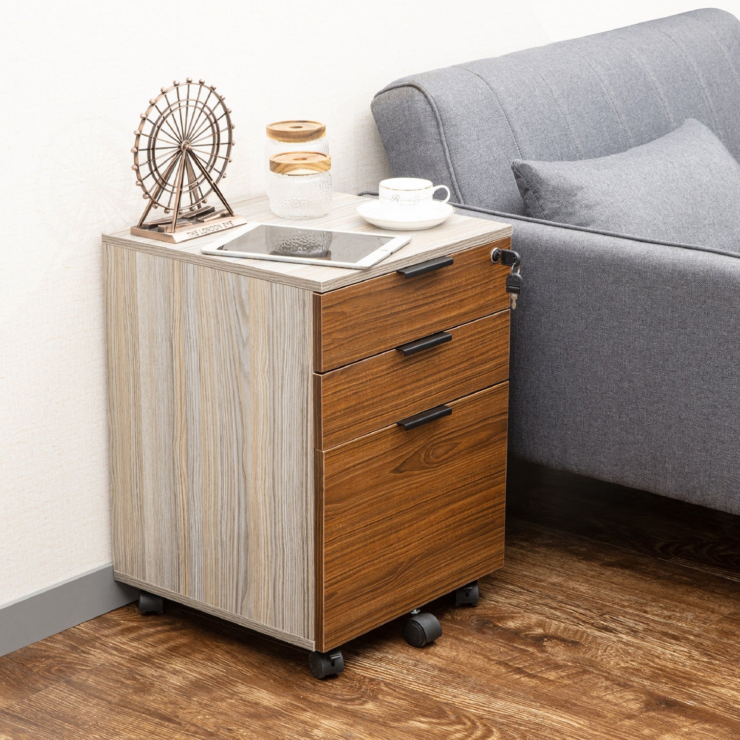 JJS 3 Drawer Rolling Wood File Cabinet with Locking Wheels