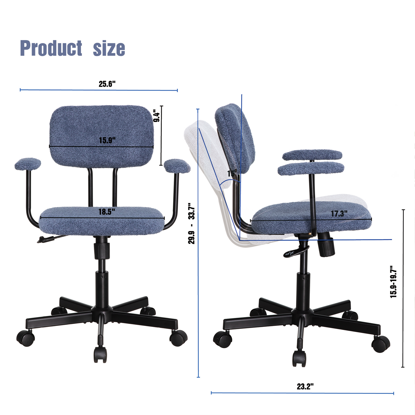 JJS Low Back Velvet Office Computer Chair with Armrest, Blue
