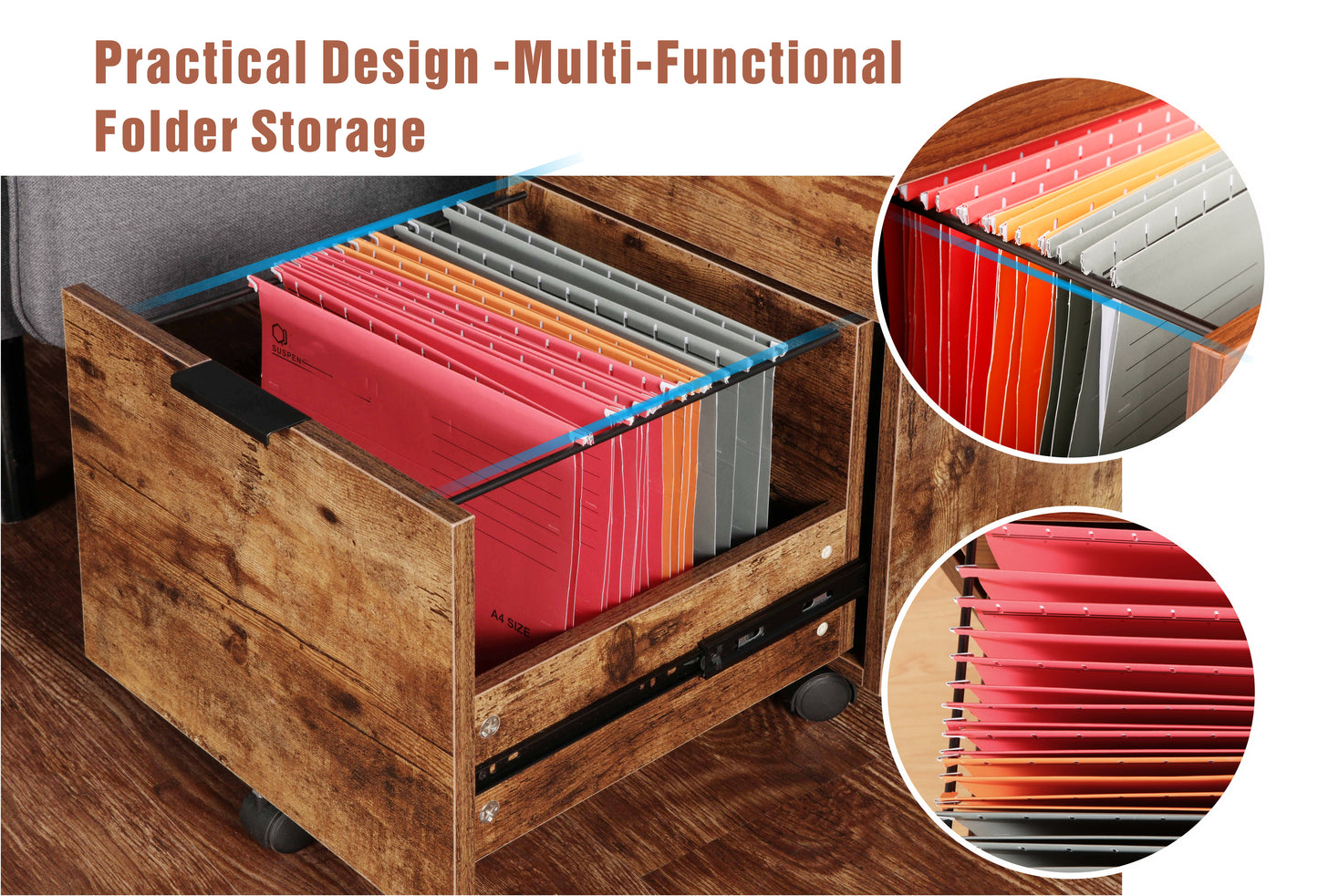 JJS 3 Drawer Rolling Wood File Cabinet with Locking Wheels
