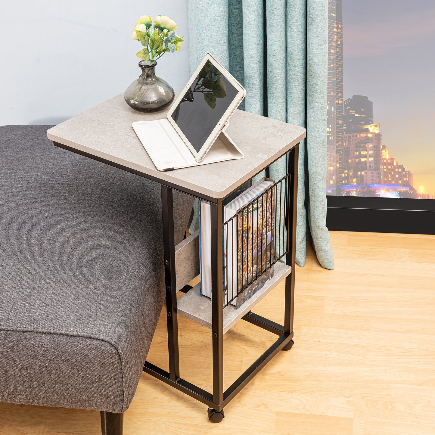 JJS Side End C Table with Magazine Holder for Sofa, Smoky Grey