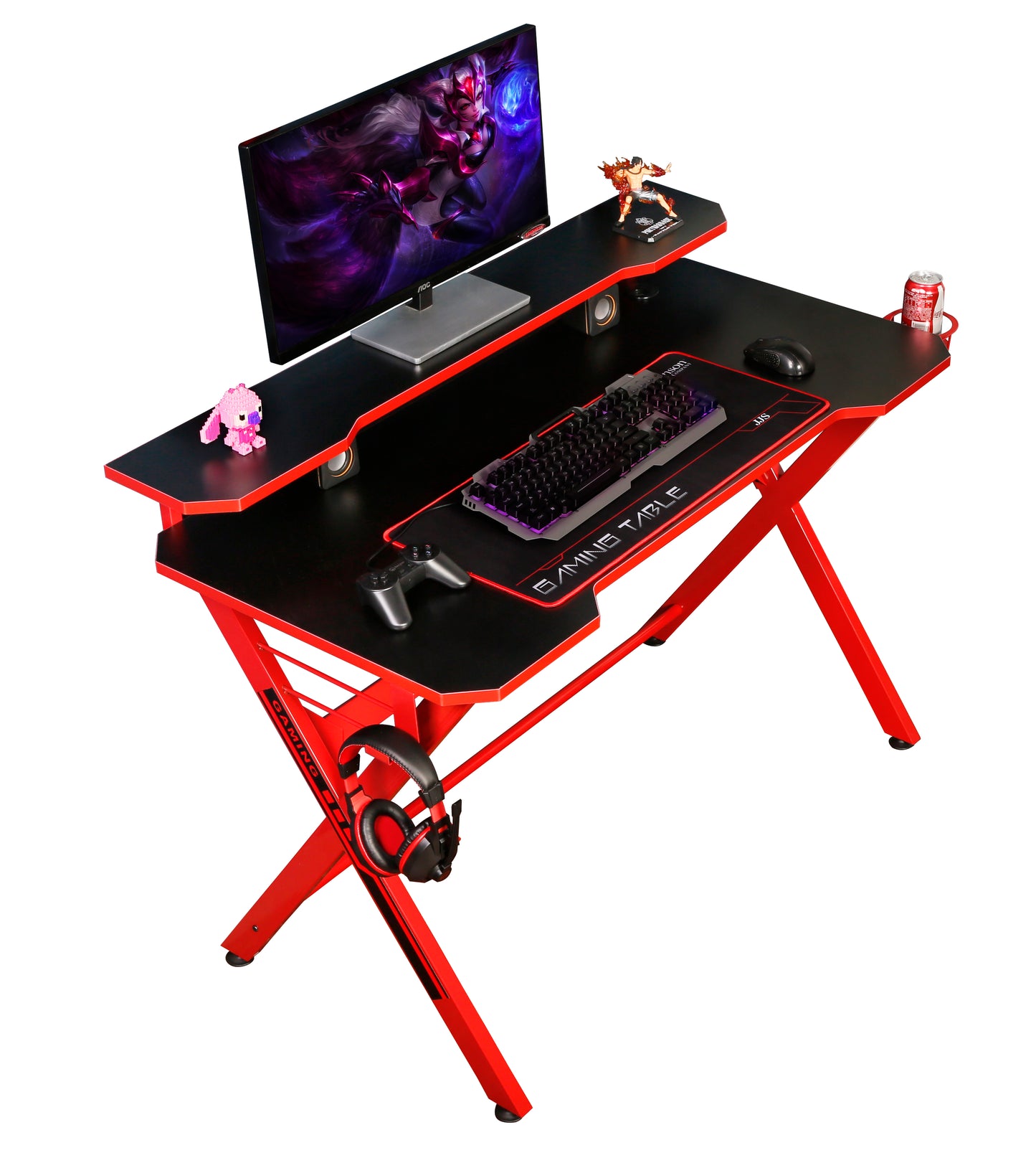 JJS 48" Home Office Gaming Computer Desk with Removable Monitor Stand, X Shaped Large Gamer Workstation PC Table with Cup Holder Headphone Hook Speaker Storage Free Mouse pad, Black